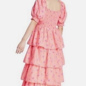 Melon Pink Tiered Floral Dress
